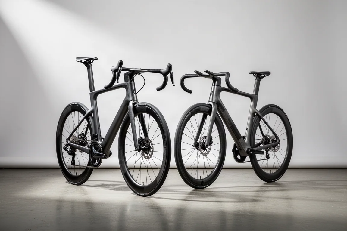 Two carbon road bikes with deep-section wheels and one-piece cockpits on a concrete floor