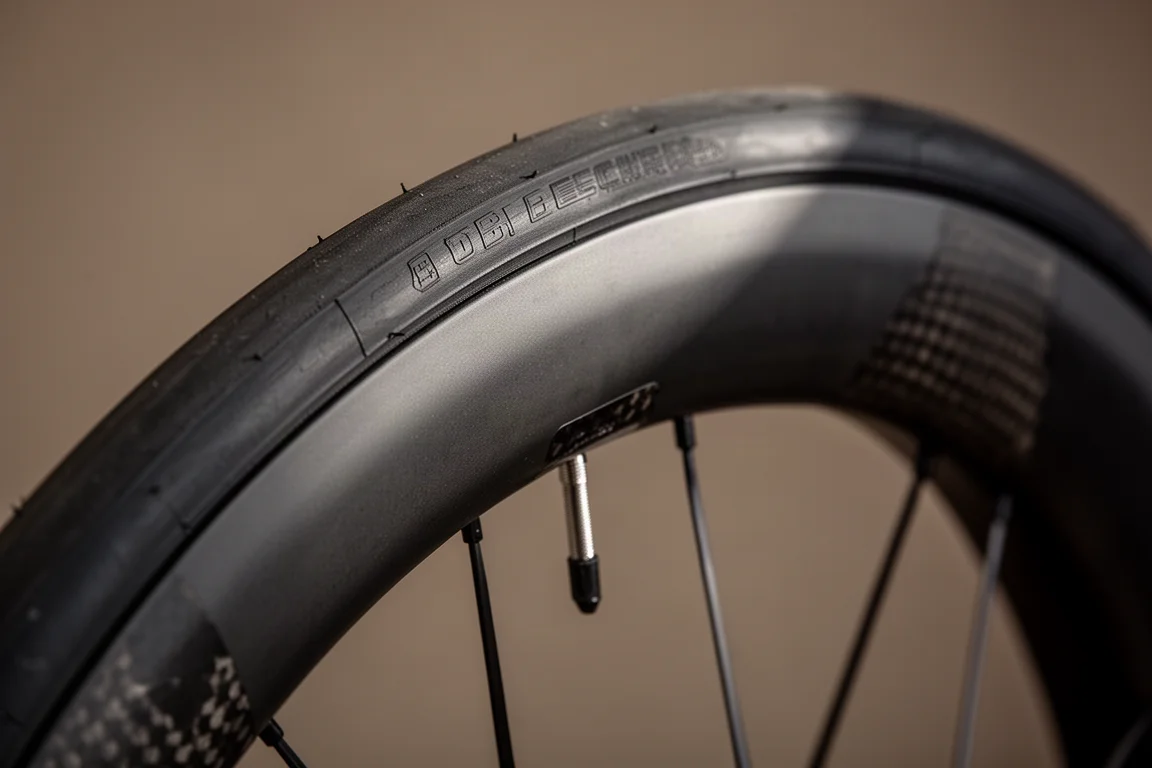 Primer plano de una llanta de carbono de perfil profundo para carretera con radios y talón de neumático