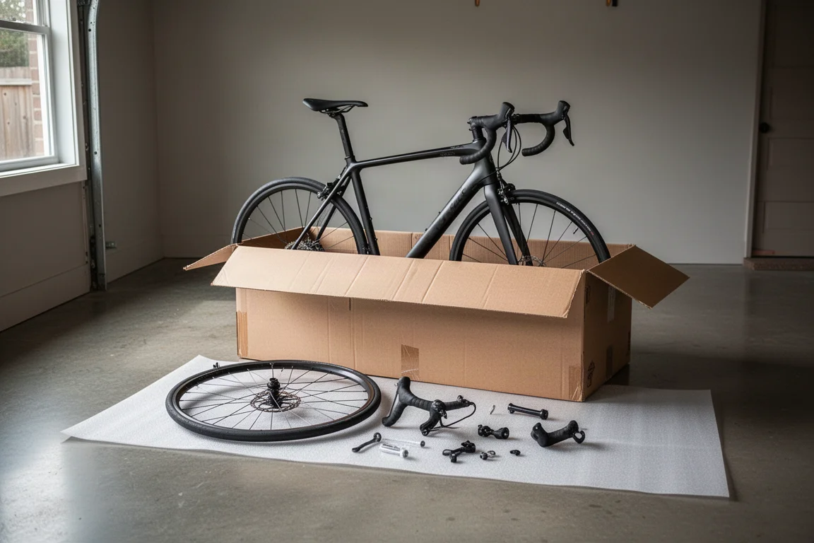 Bicicleta de carretera siendo desembalada de su caja en un garaje doméstico