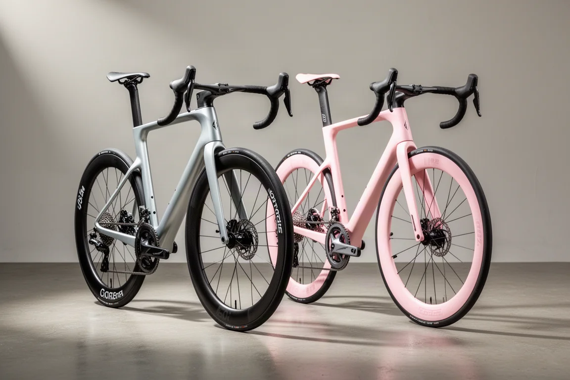 Rose Shave en Rose Shave FF carbon racefietsen naast elkaar op een betonnen studio vloer