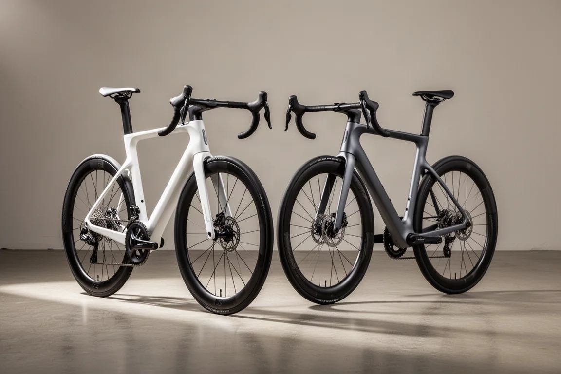 Twee aero racefietsen naast elkaar op een betonnen vloer, één op aluminium velgen en één op carbon velgen