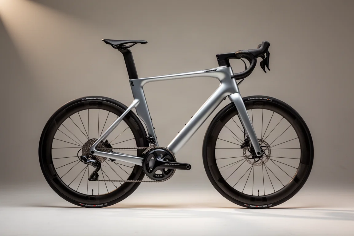 Witte aero carbon racefiets met hoogprofielwielen op een betonnen studiovloer