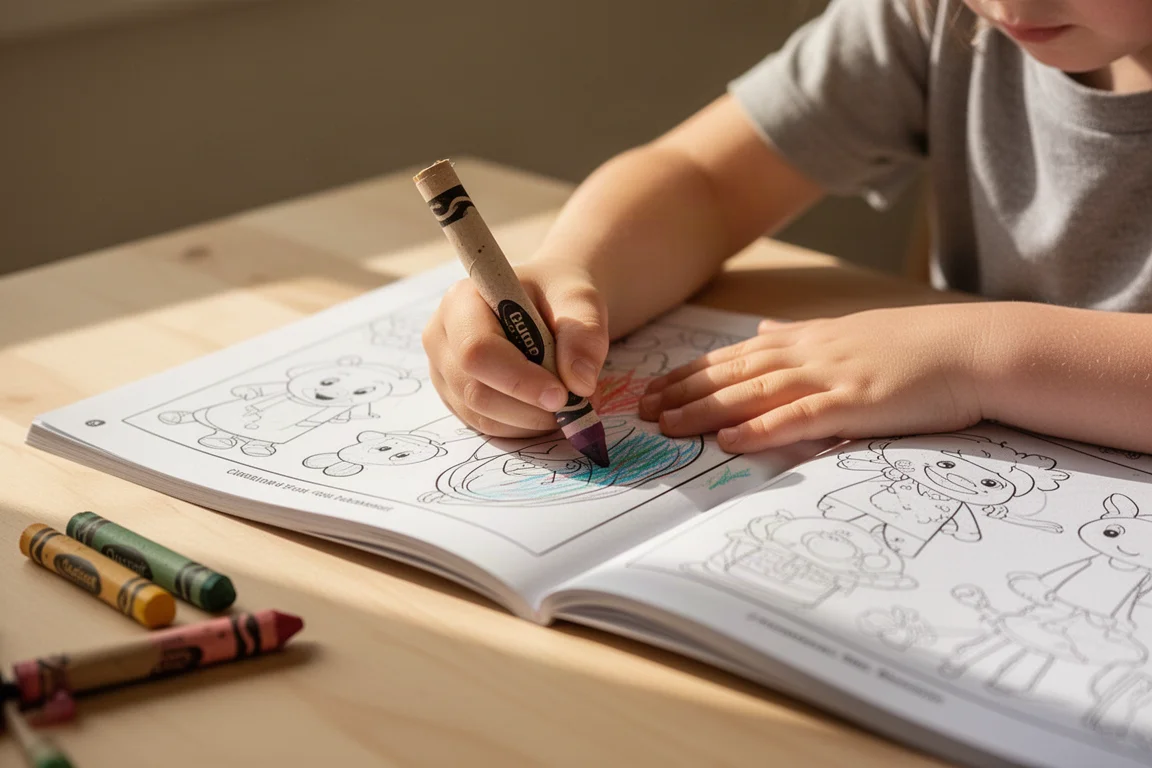 Child's hands coloring in a coloring book with a crayon at a wooden table
