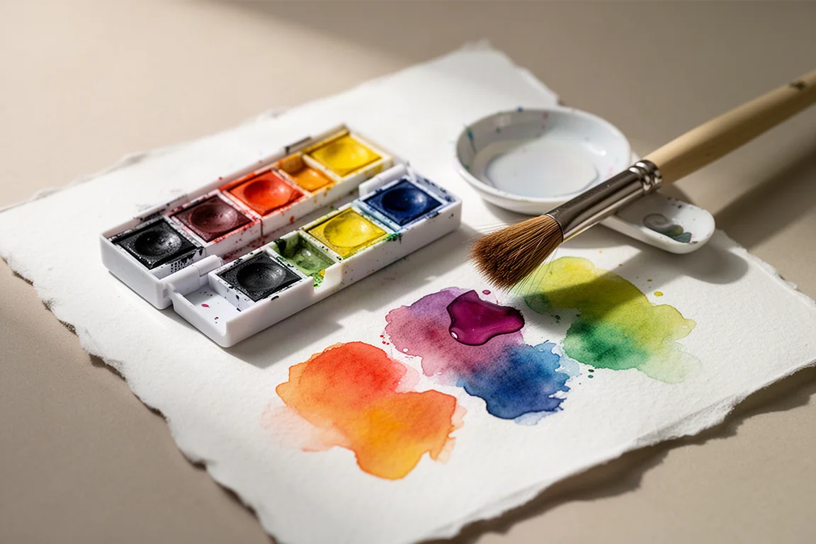 Watercolor palette with brush and vibrant swatches on white paper