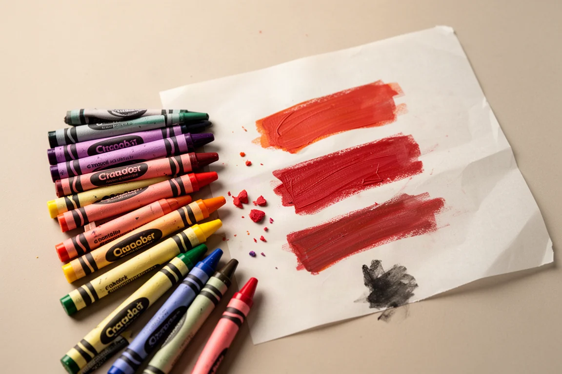 Crayons and colorful wax swatches on printer paper