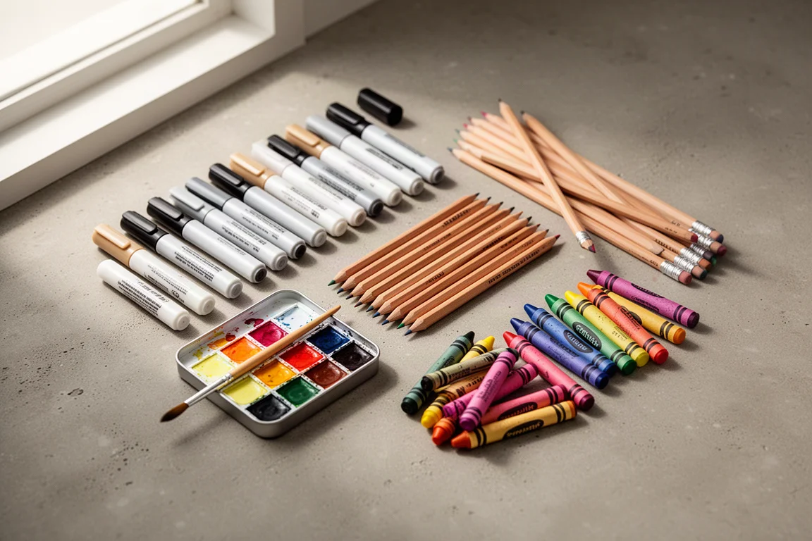 Flat-lay of markers, watercolor set, colored pencils, and crayons on concrete