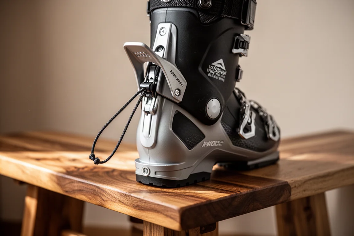 Scarpone da sci con meccanismo walk mode a cordicella posteriore appoggiato su una panchina di legno