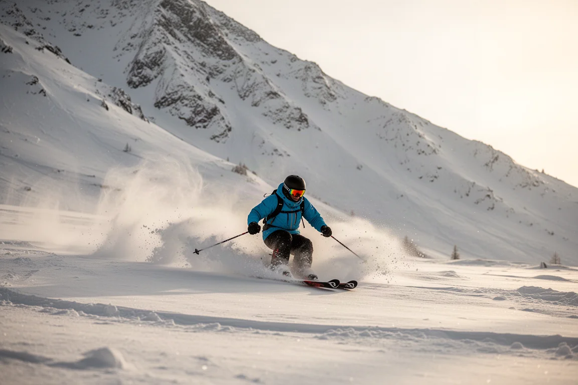 Sciatore freeride che traccia curve nella neve fresca soffice