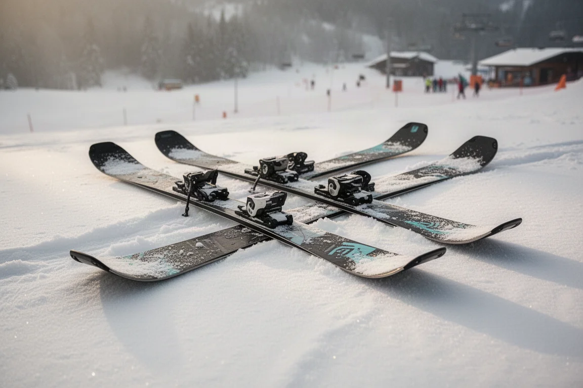Coppia di sci con punte twin tip sollevate appoggiati nella neve alla base di una stazione sciistica