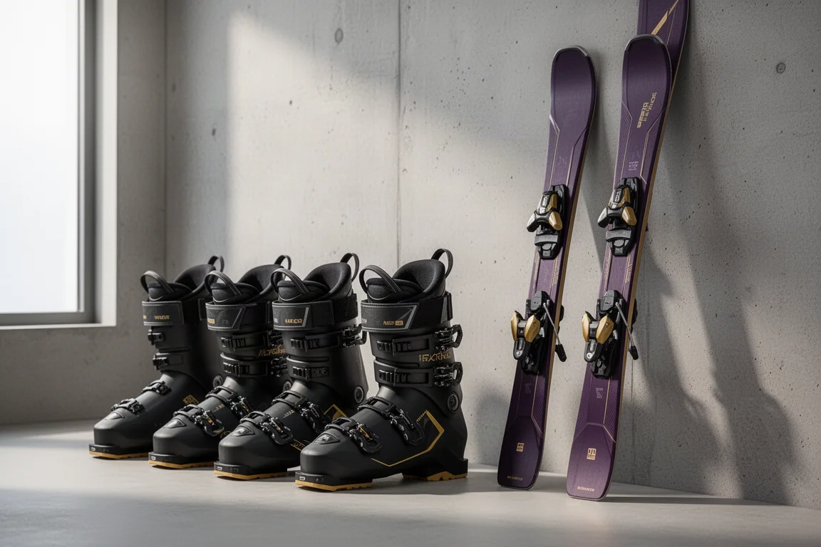 Rossignol ski boots and freeride skis arranged against a concrete wall