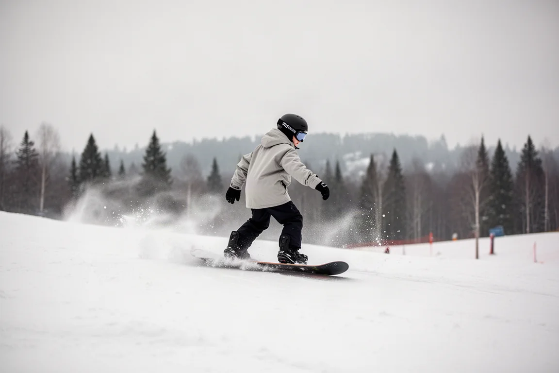 Jeune snowboardeur descendant une piste douce damée sous une légère chute de neige