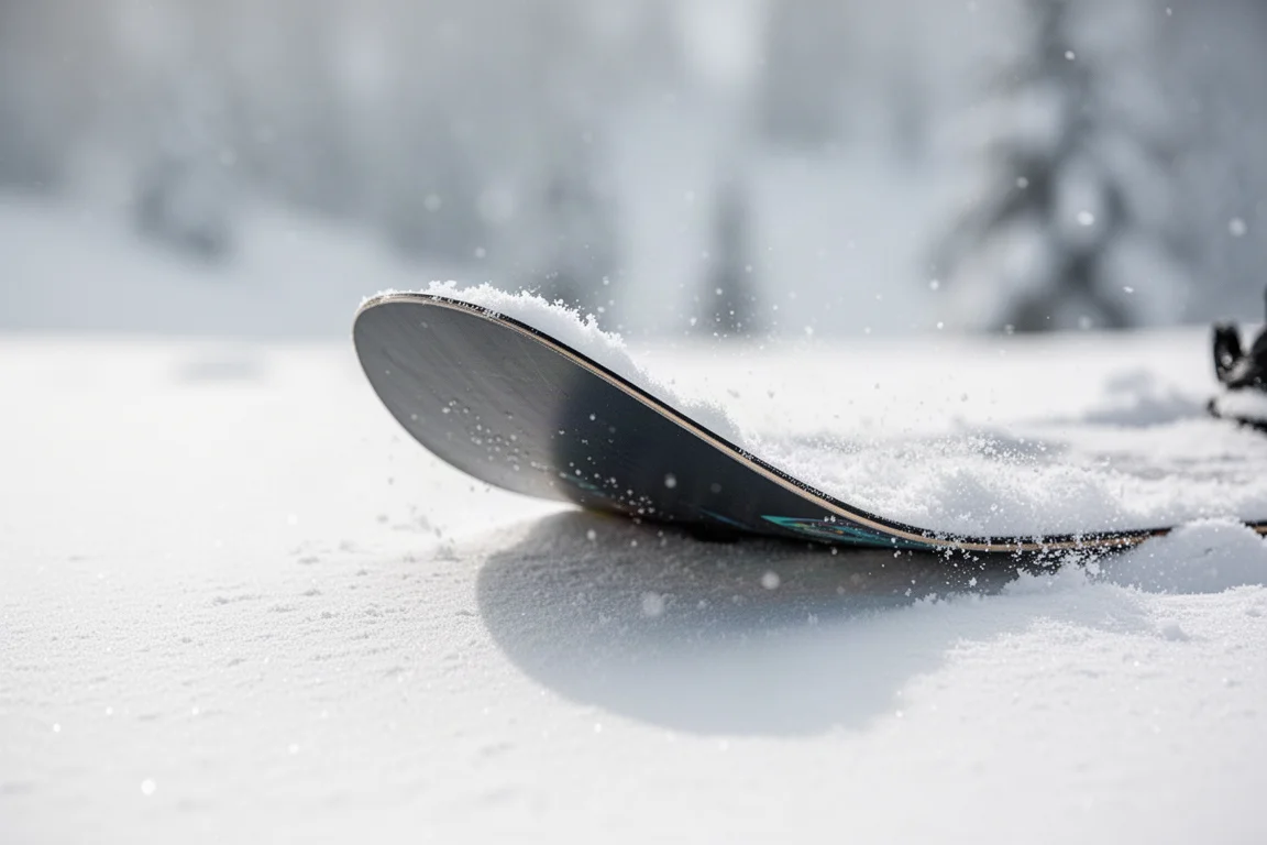Gros plan sur le nez d'un snowboard soulevé au-dessus de poudreuse fraîche