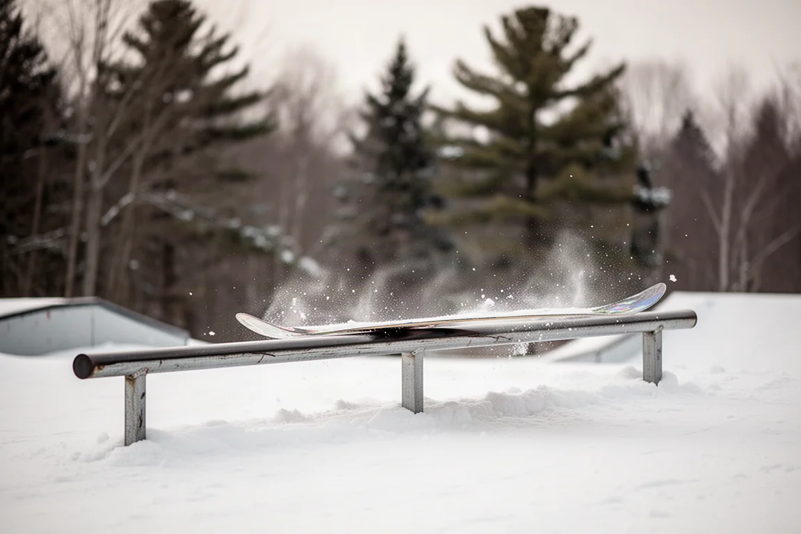Snowboard glissant le long d'un rail bas dans la neige molle
