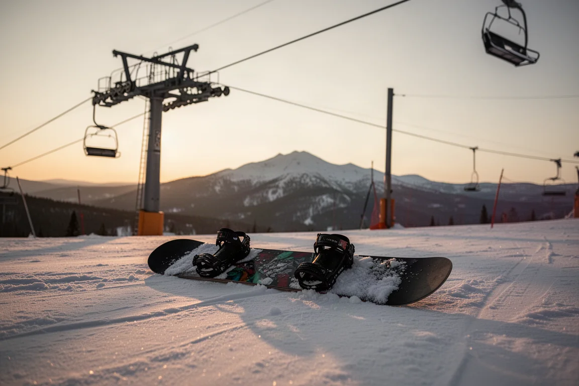 Snowboard posé sur la neige à côté d'un remonte-pente au crépuscule