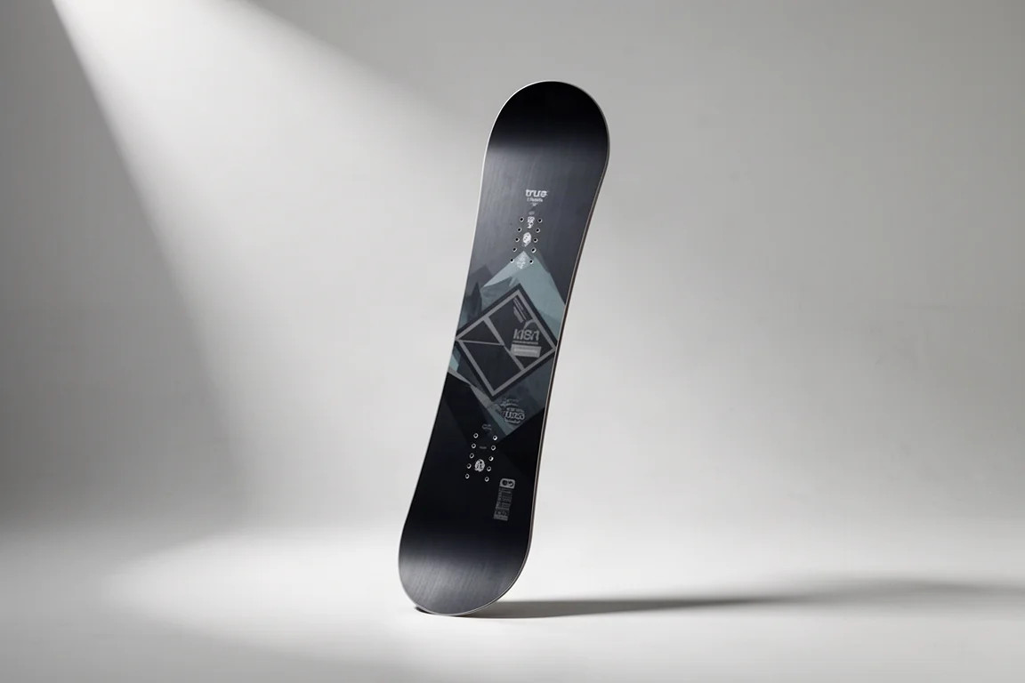 Kids' true twin snowboard standing upright against a light grey studio backdrop