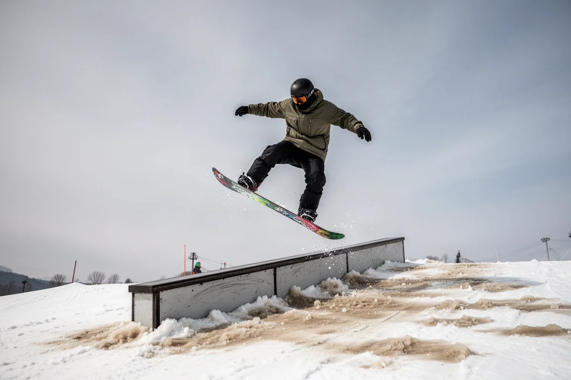 Snowboarder haciendo un press en un raíl en un snowpark primaveral