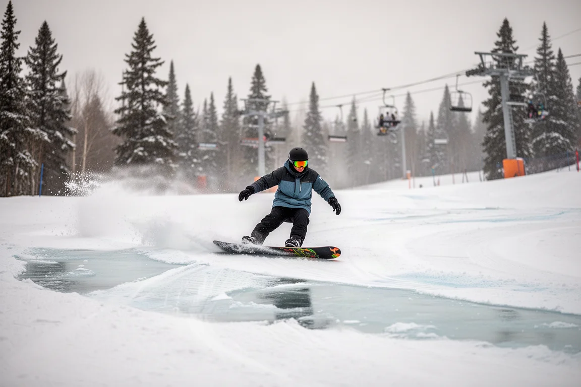 Snowboarder trazando un carve en una pista preparada con nieve levantada