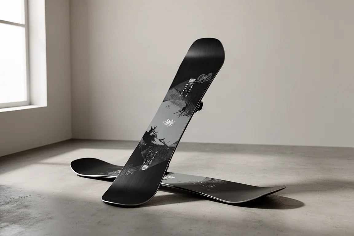 Snowboard freestyle Rossignol Ampage apoiado em um piso de concreto