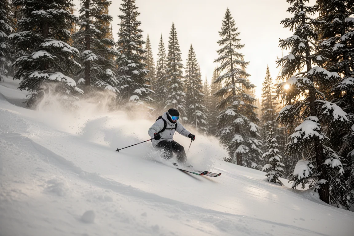 Freerideåkare som skär genom mjuk snö i en pistsida med träd