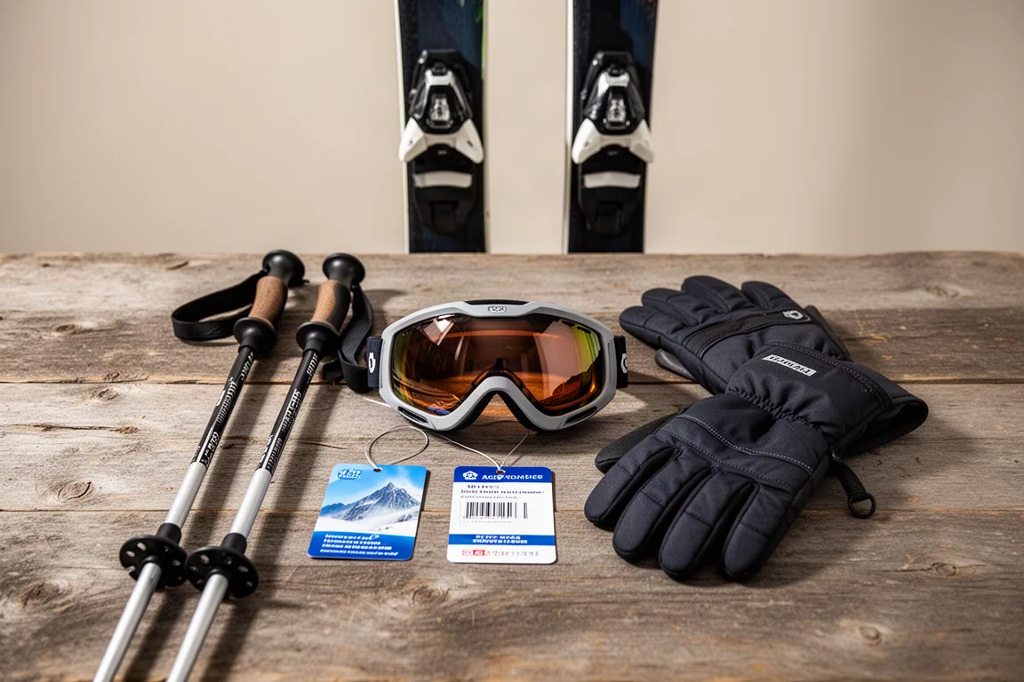 Flat lay av stavar, goggles, handskar och skidor på en träyta