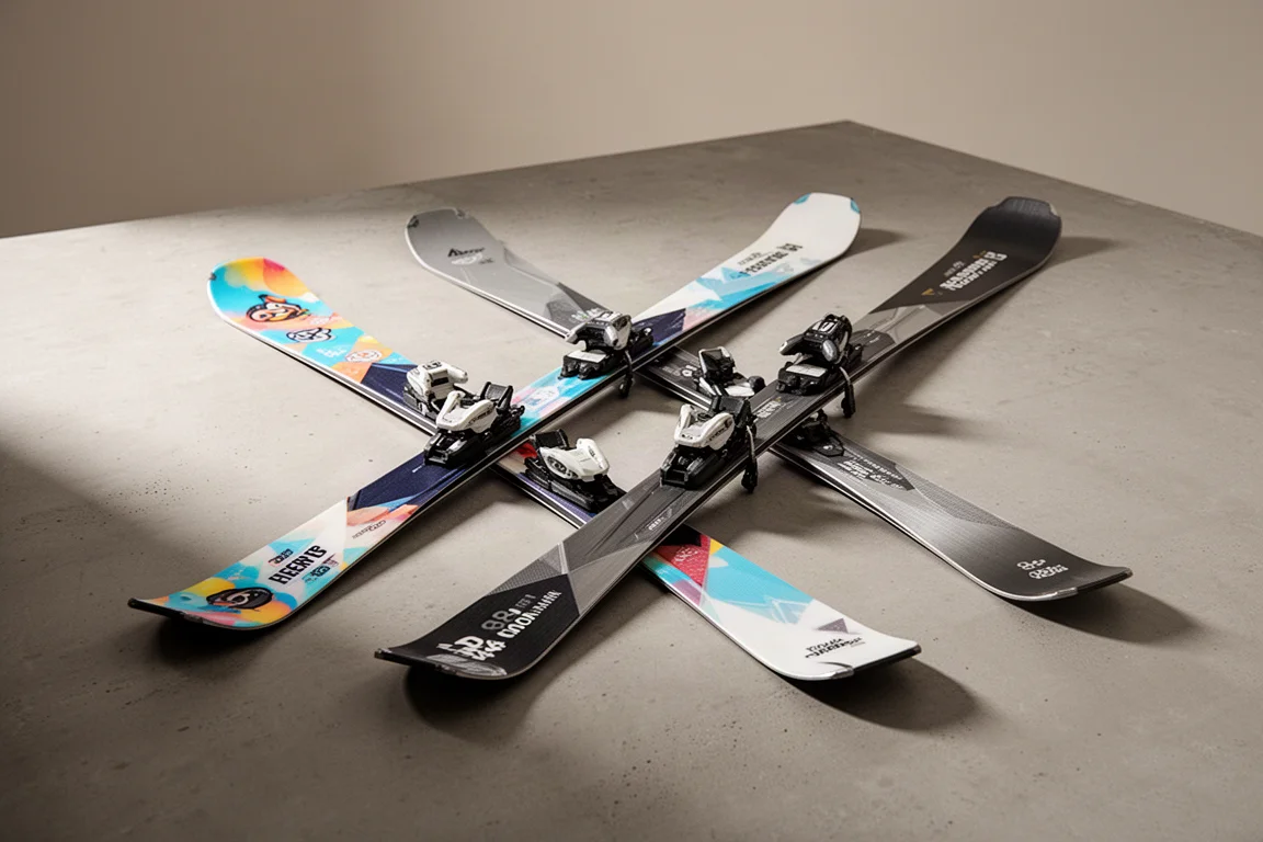 Three Rossignol alpine skis side by side on a matte concrete surface
