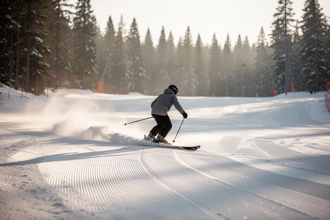 Skieur traçant un virage sur une piste damée en douce lumière matinale