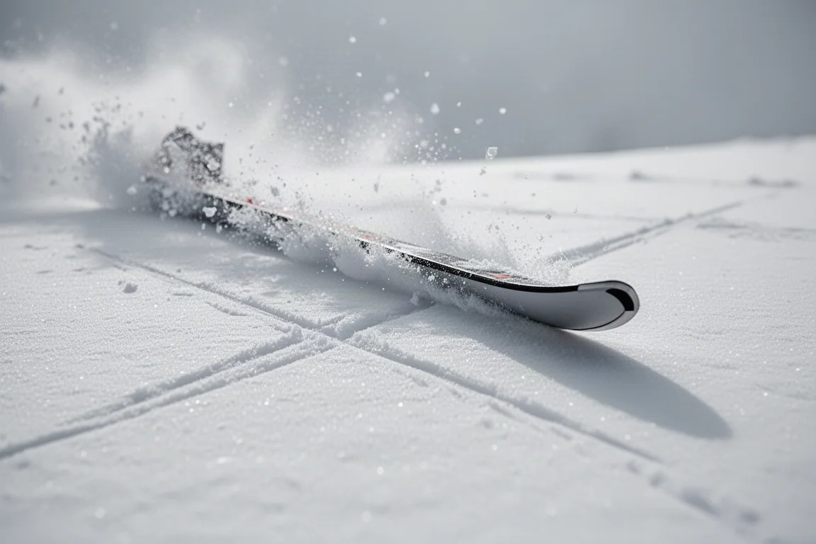 Gros plan sur les carres d'un ski accrochant la neige dure en pleine courbe