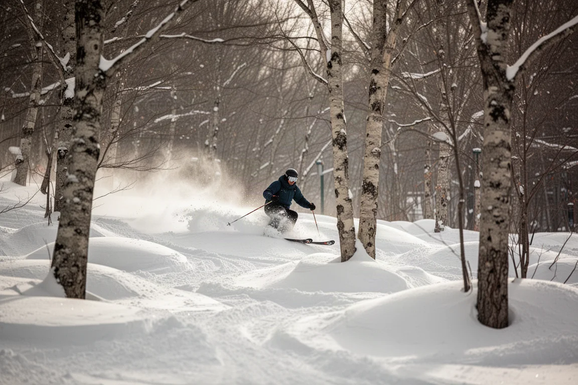 Skieur évoluant dans des bosses tassées et une forêt dégagée