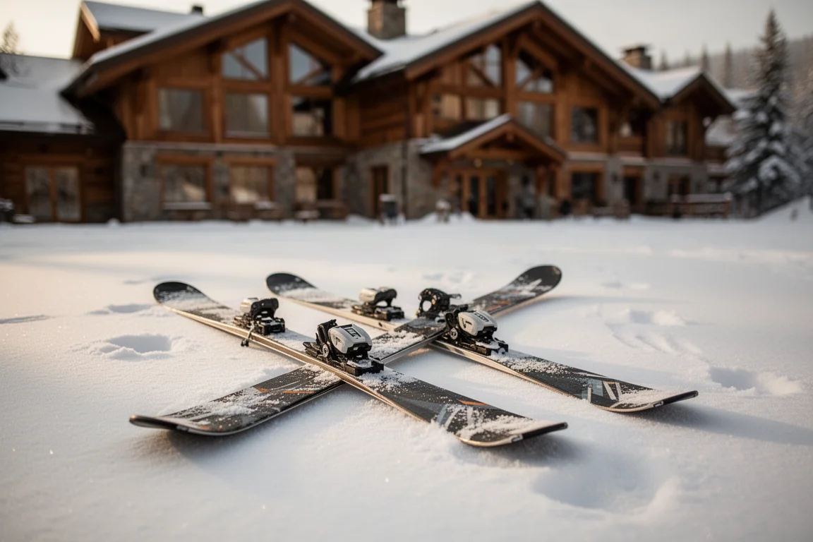 Paire de skis all-mountain posés sur la neige devant un refuge