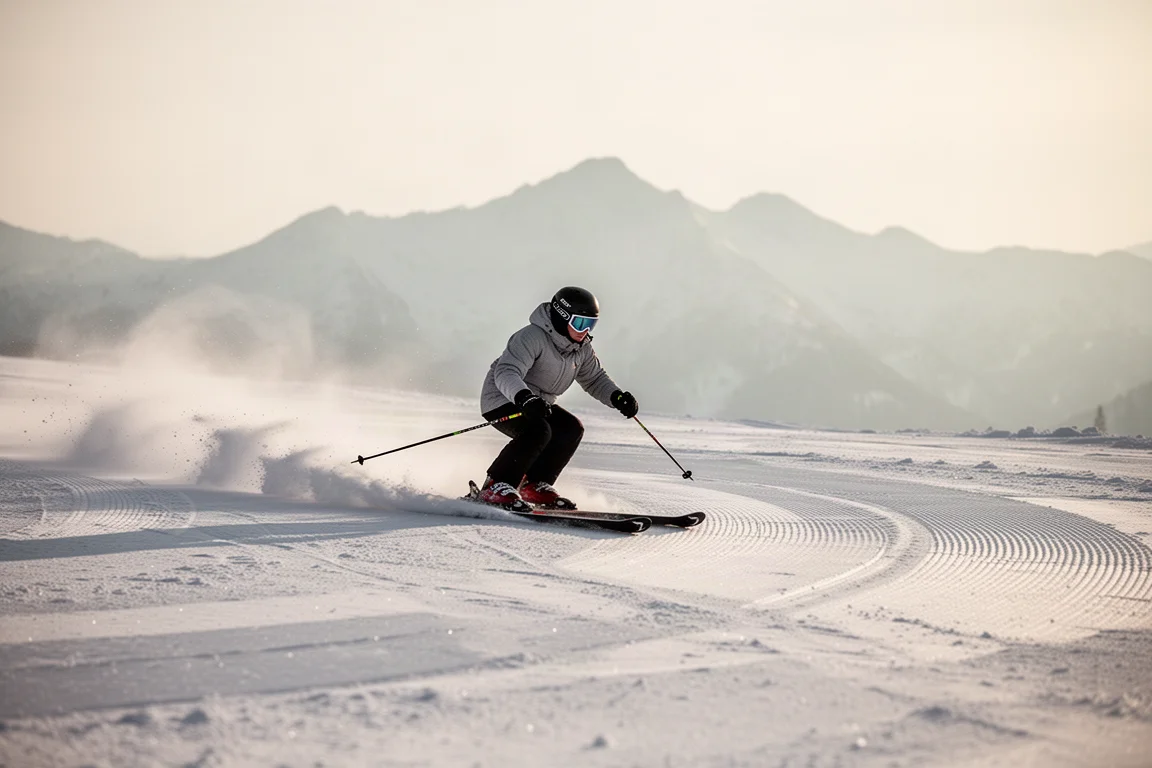 Sciatore che esegue curve scolpite rade su neve compatta e battuta liscia