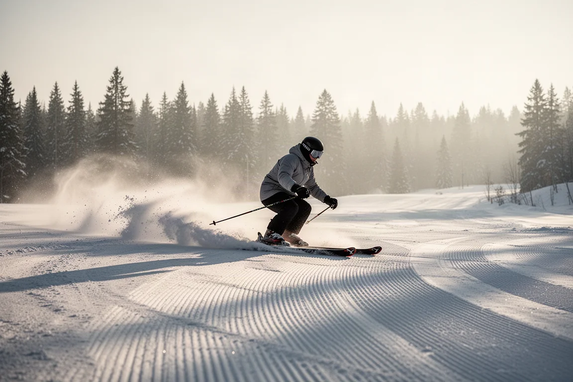 Skifahrer zieht bei Sonnenaufgang einen Kurve mit hohem Kantenwinkel auf einer präparierten Piste