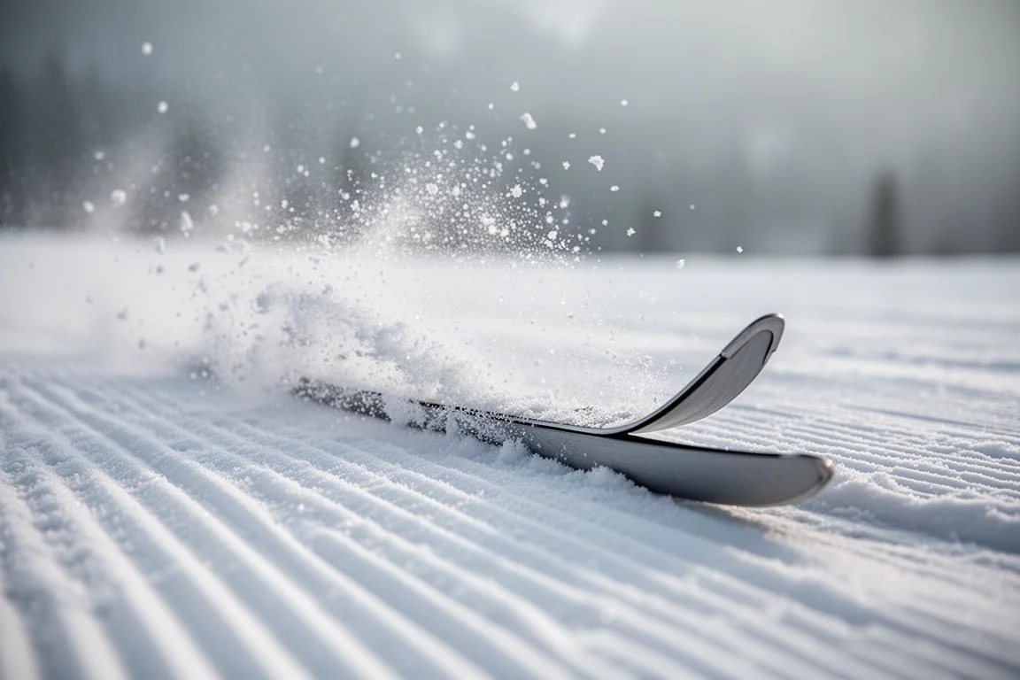 Nahaufnahme einer Skikante, die mit Schneefahne in präparierten Schnee schneidet
