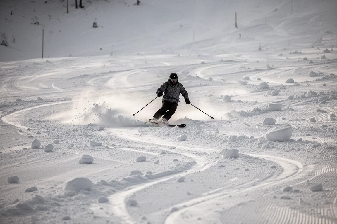 Skifahrer arbeitet sich auf breiter präparierter Piste durch zerschnittenen, wechselhaften Schnee