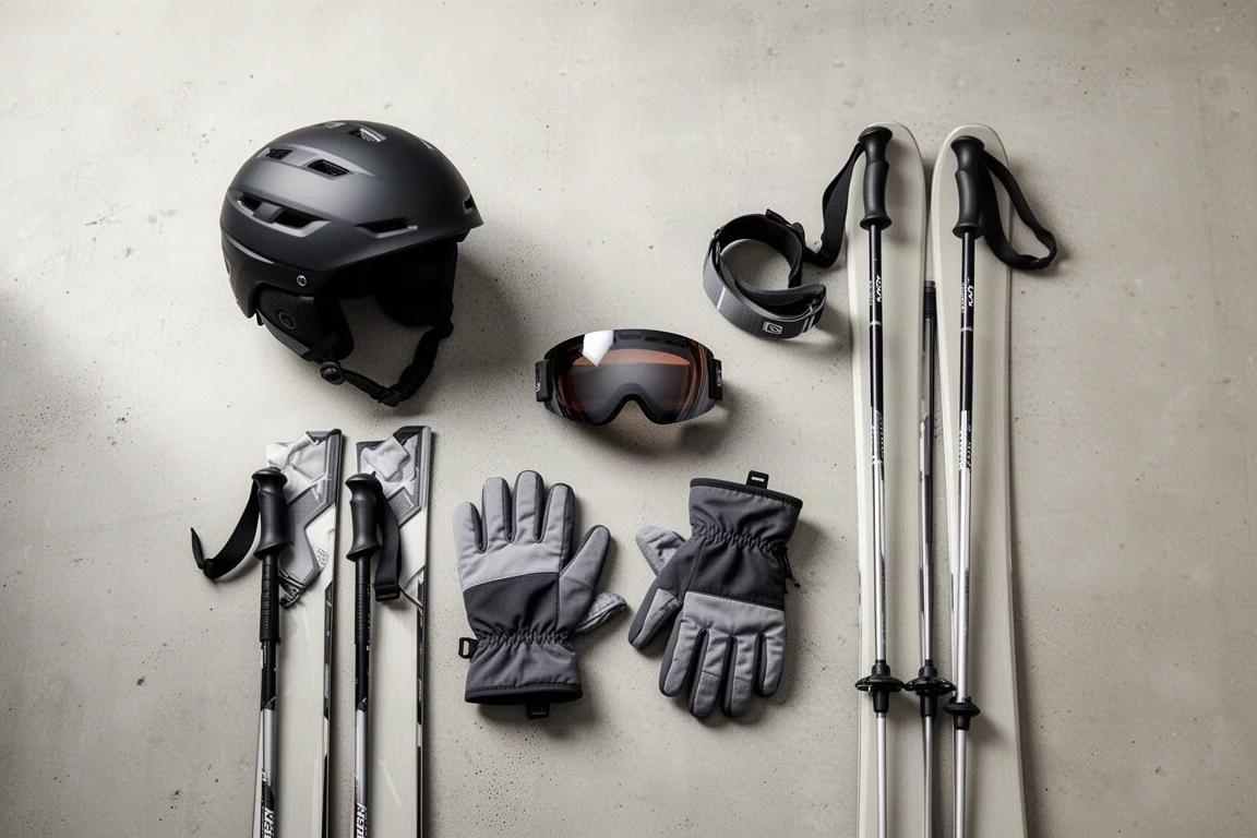 Aufnahme von oben: Skihelm, Brille, Handschuhe und Stöcke auf Beton