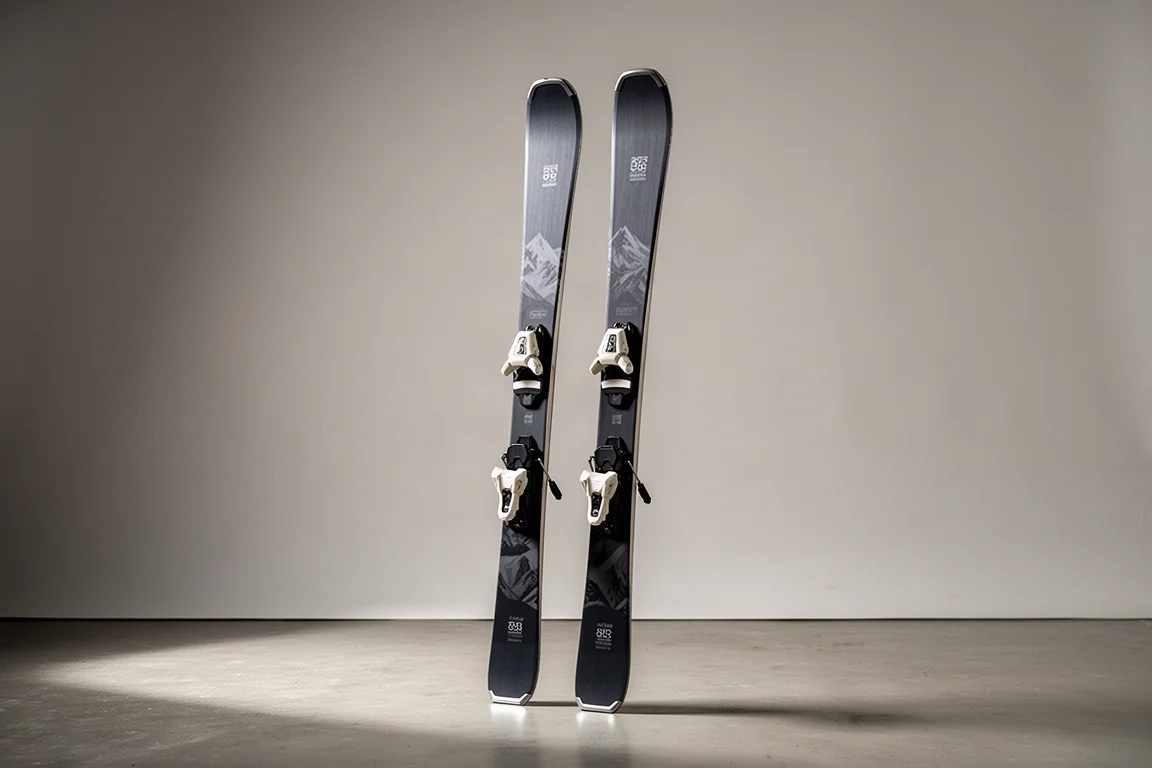 Pair of women's all-mountain skis standing upright on a neutral grey backdrop