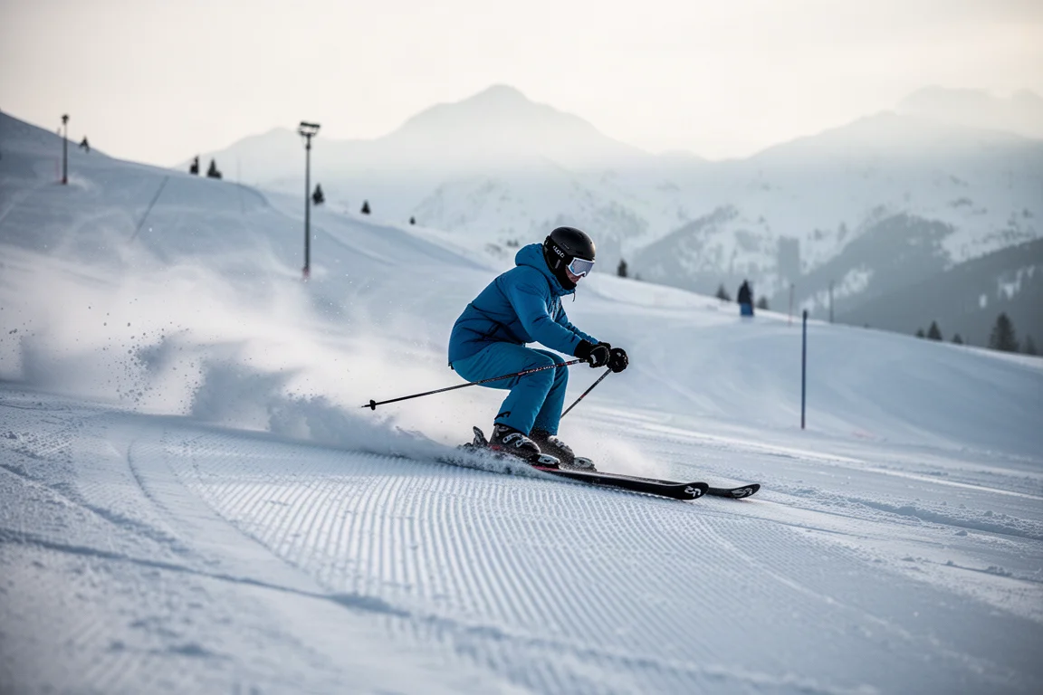 Skier carving firm snow on a groomed slope in morning light
