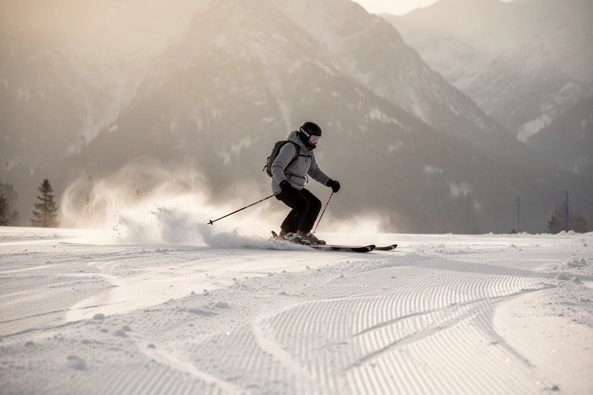 Skier on soft off-piste snow near piste edge in diffused afternoon light