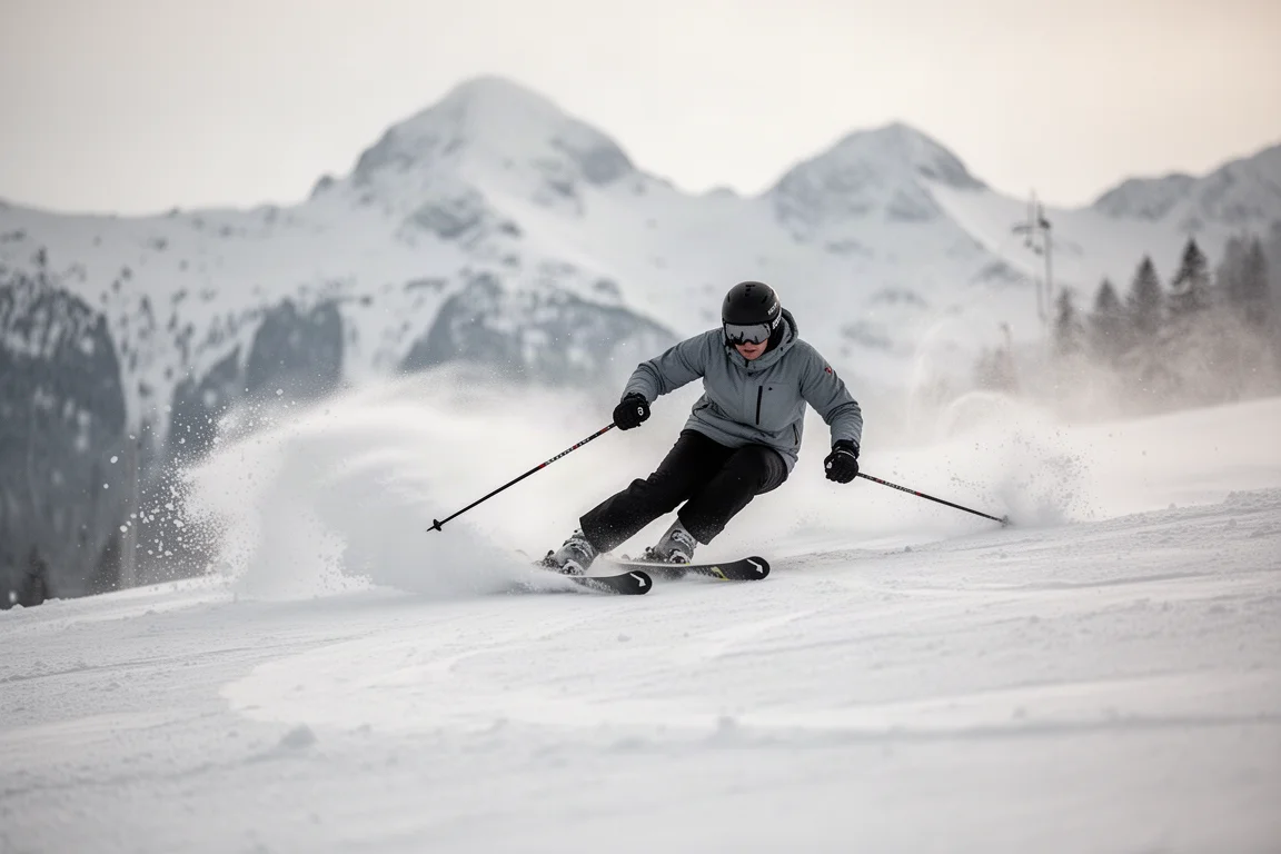 Skier holding a committed carved arc at speed on a wide open piste