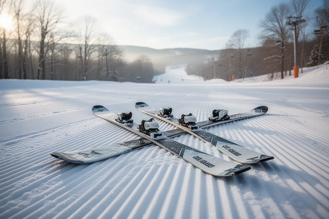 All-mountain skis resting in fresh groomed corduroy under low morning sun