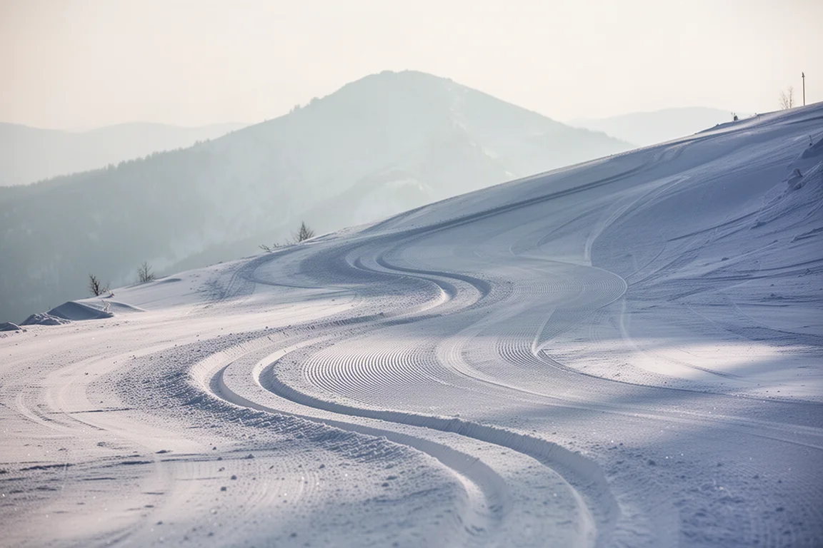 Carved ski tracks arcing down a firm chalky groomer in cold morning light