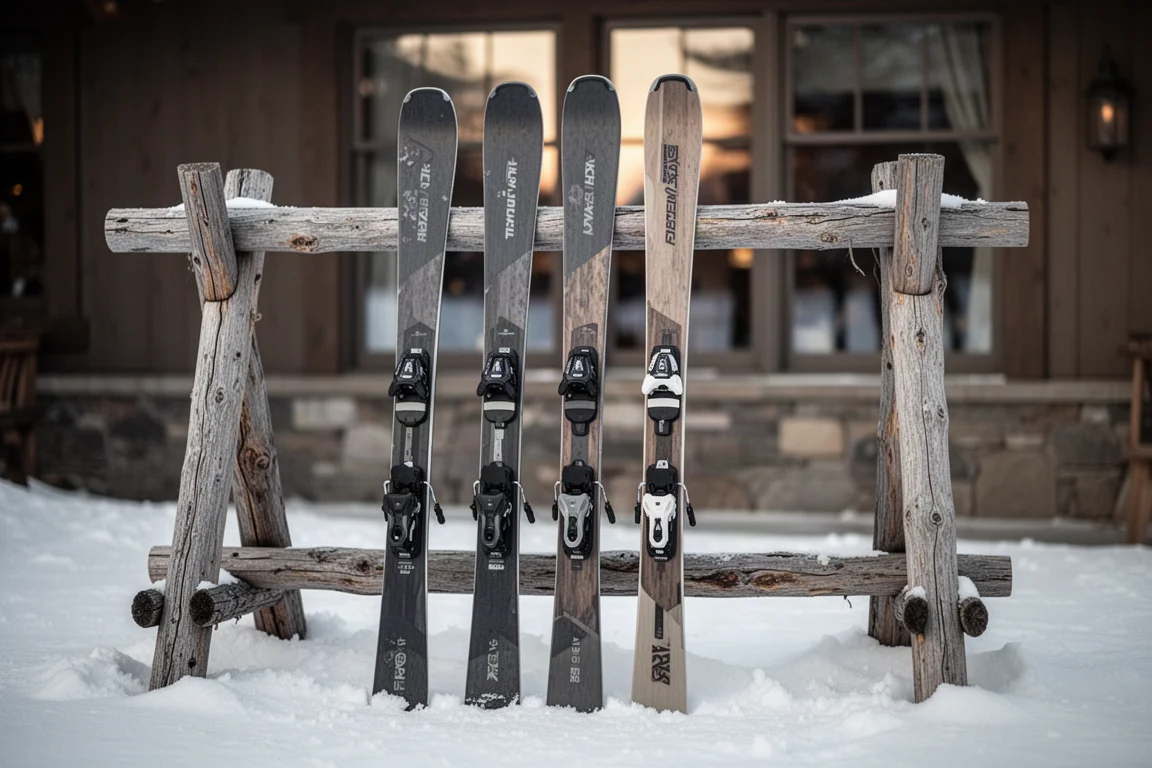 Five all-mountain skis of different widths leaning against a wooden ski rack