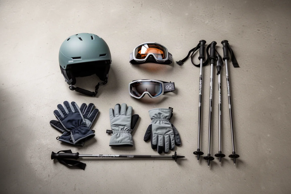 Overhead flat-lay of ski helmet, goggles, gloves and poles on concrete