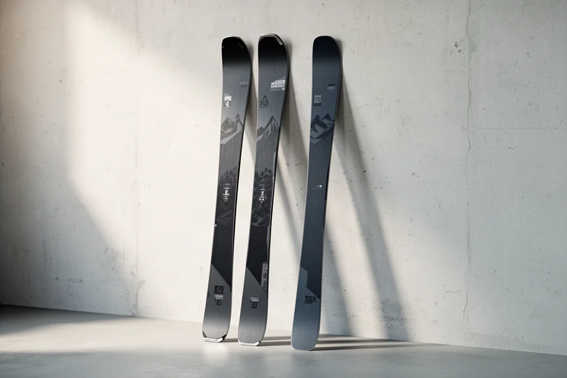 Two pairs of all-mountain skis standing against a pale concrete wall