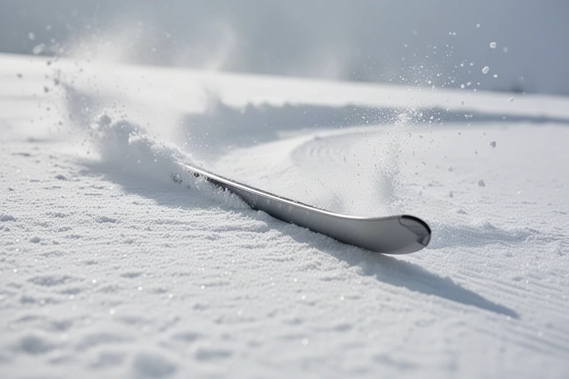 Gros plan sur une carre de ski traçant un arc net dans une neige damée tendre