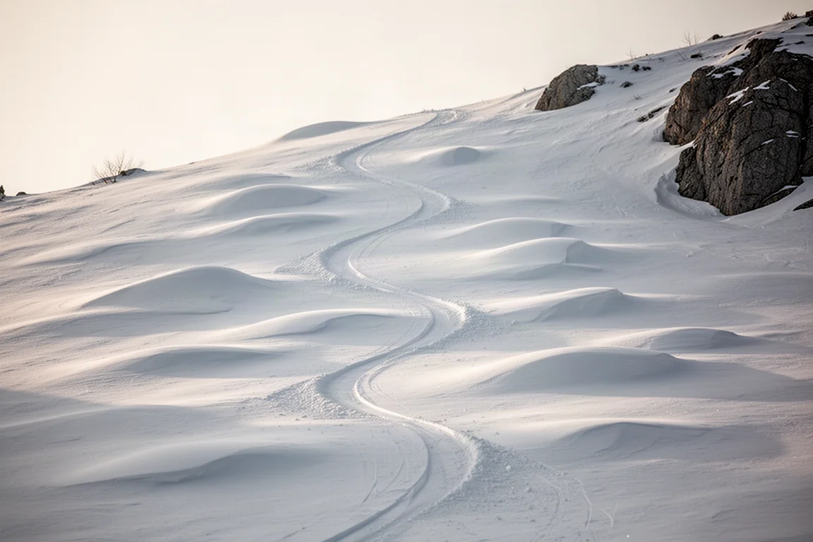 Champ de bosses sur une pente raide avec une seule trace de ski serpentant entre les moguls