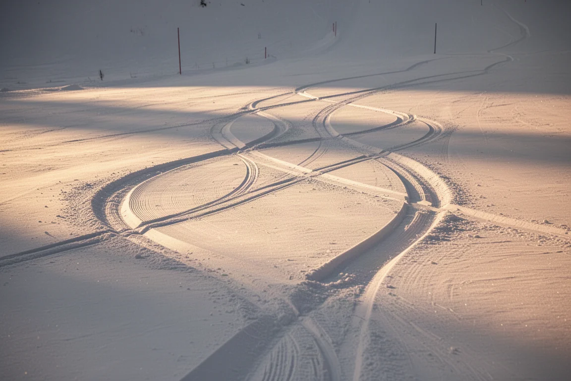 Deux séries de traces de ski courbes sur une piste damée à l'heure dorée