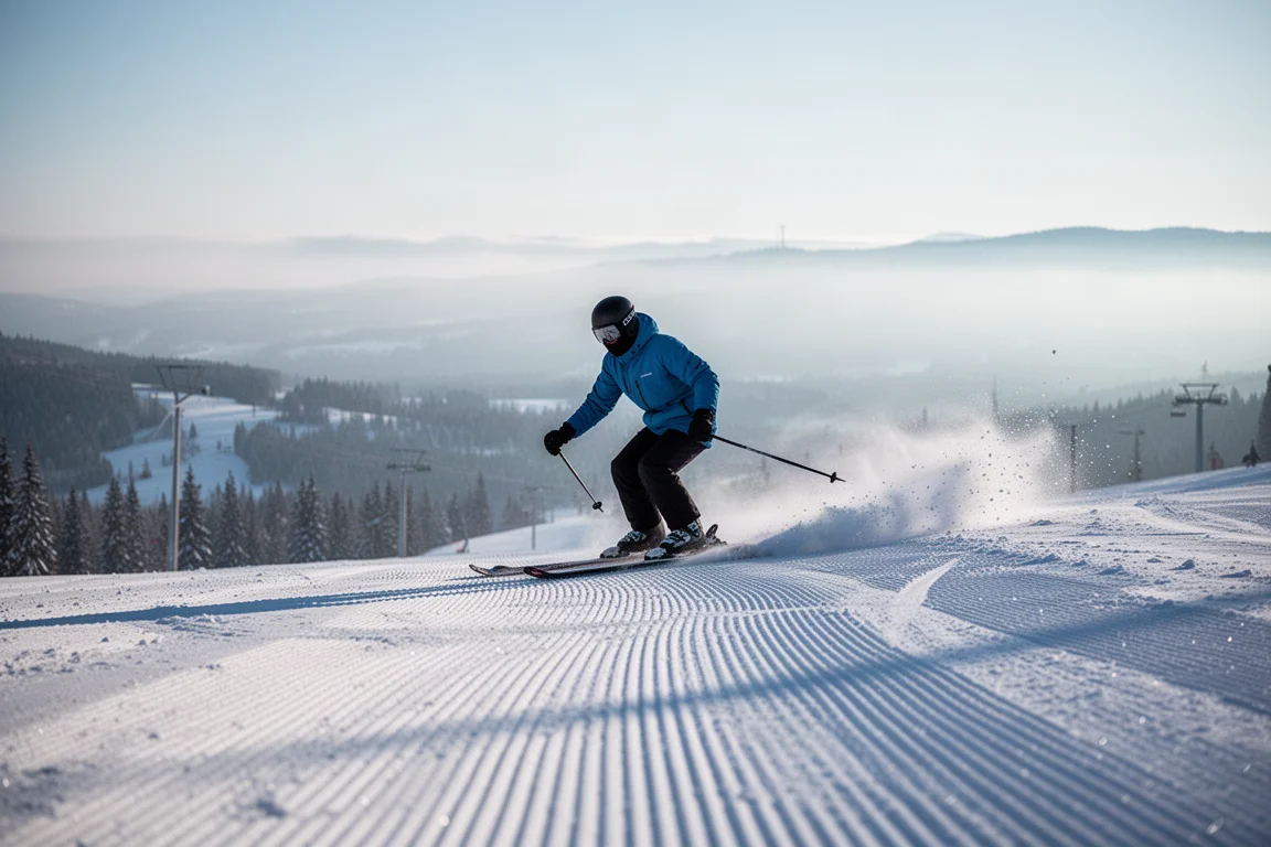 Skifahrer zieht eine lange Schwungkurve auf einer frisch präparierten Piste im frühen Morgenlicht