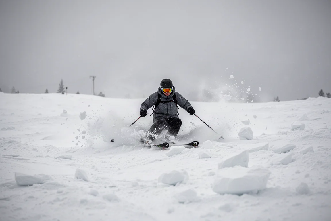 Skifahrer kämpft sich durch zerfahrene Buckel und wechselhaften Schnee auf einer breiten offenen Piste