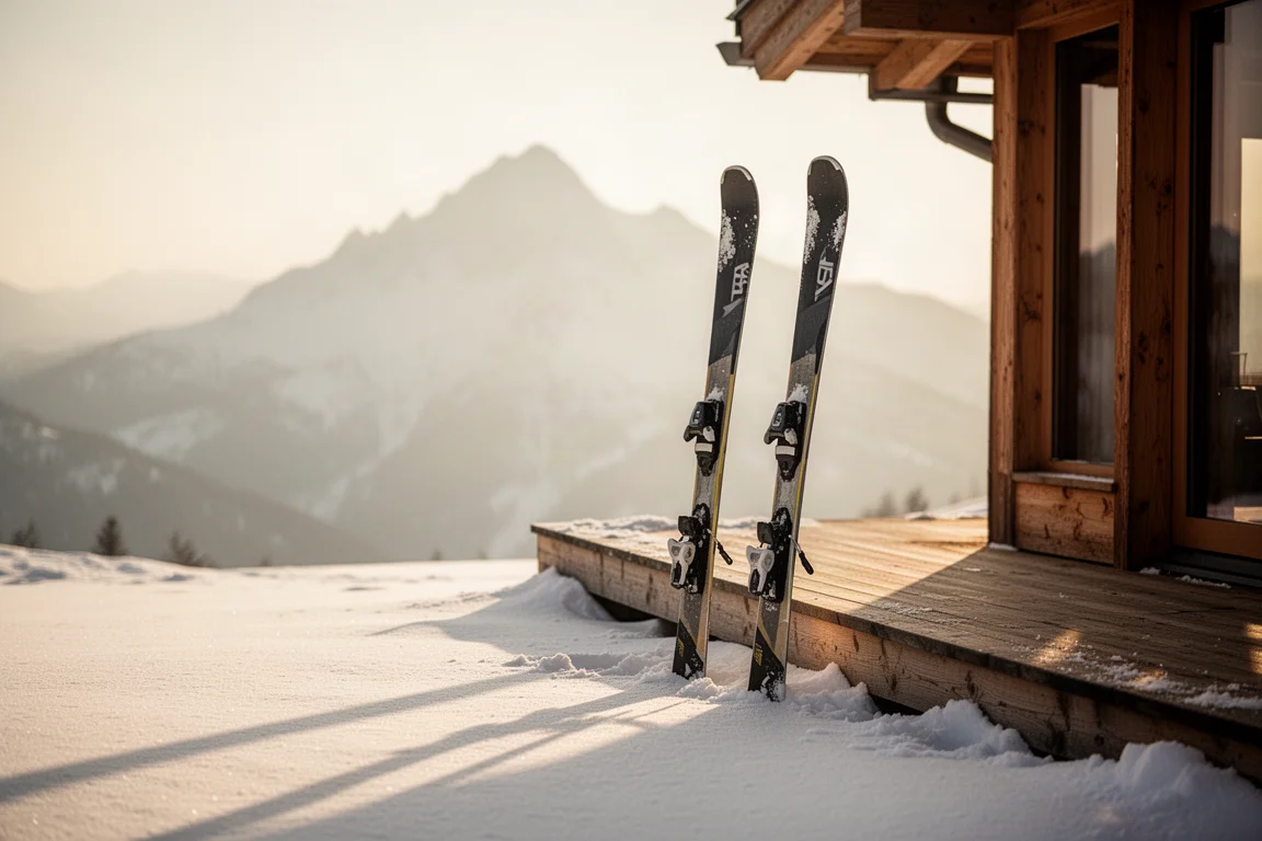 Paar All-Mountain-Skier stehen im Schnee vor einer Holzhuette in der goldenen Abendstunde