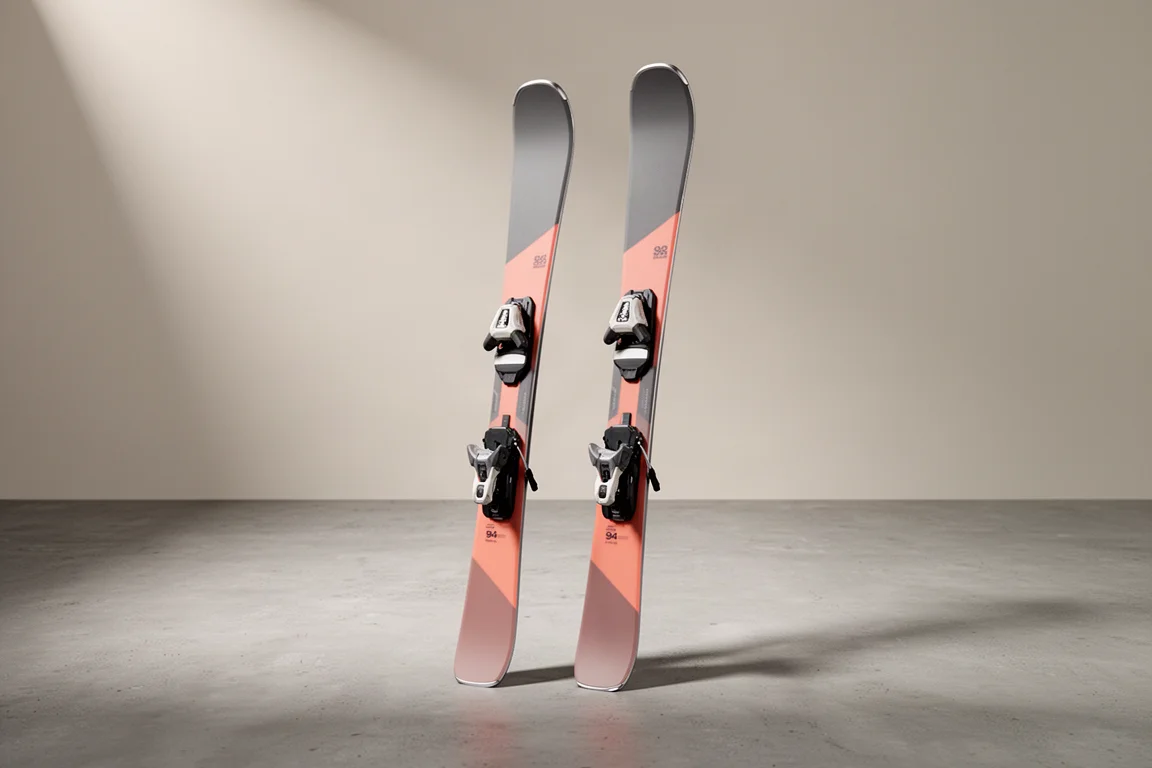 Pair of wide-bodied all-mountain skis standing upright on a matte concrete surface